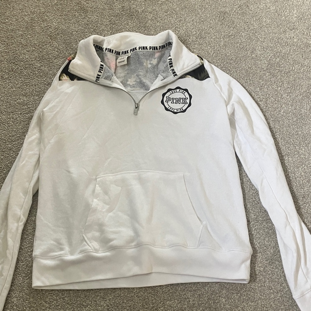 PINK Victoria's Secret White Quarter-Zip with Black Floral Details